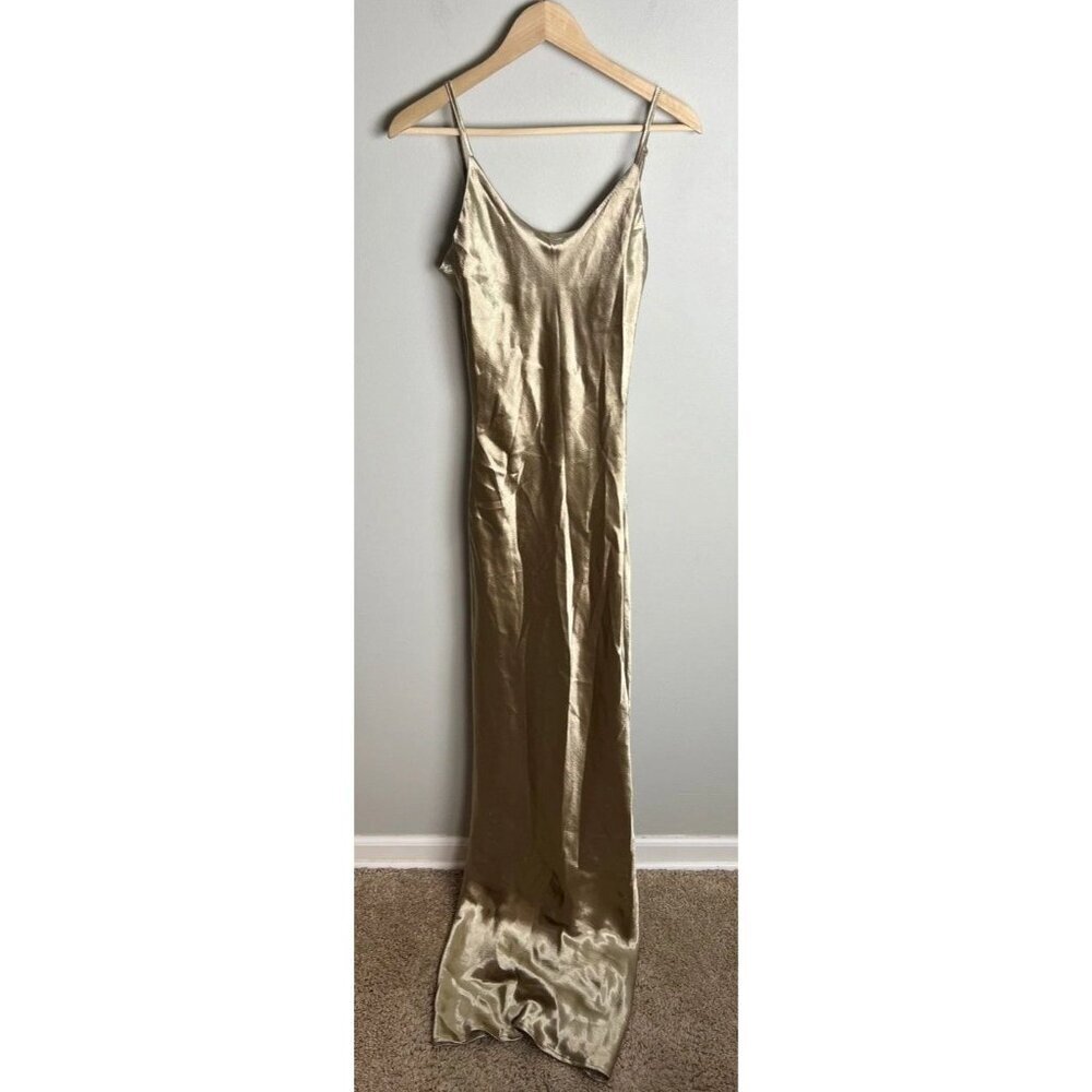 Mew Mews Fashion Gold Satin Maxi Slip Dress Open Back Tie Size Medium Women’s